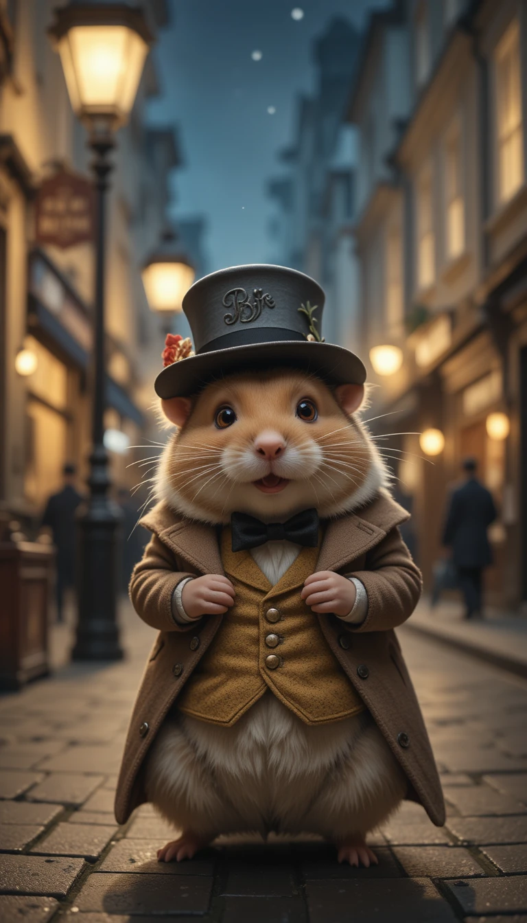 Victorian hamster gentleman on a London street at night