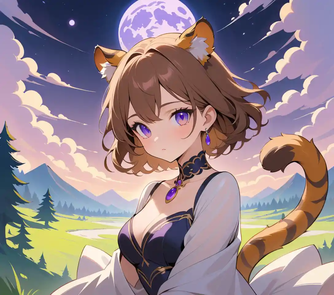 Elegant tiger woman with violet eyes in dreamy forest