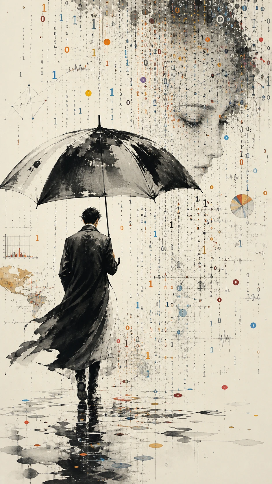 Figure With Oversized Umbrella In Abstract Ink Rain