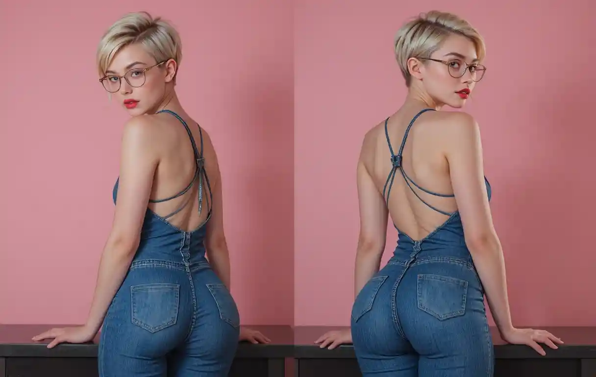 Ragazza bionda adolescente che si piega in avanti con una salopette di jeans halter