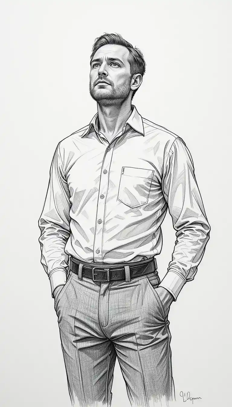 Middle aged man in white shirt with calm determined gaze