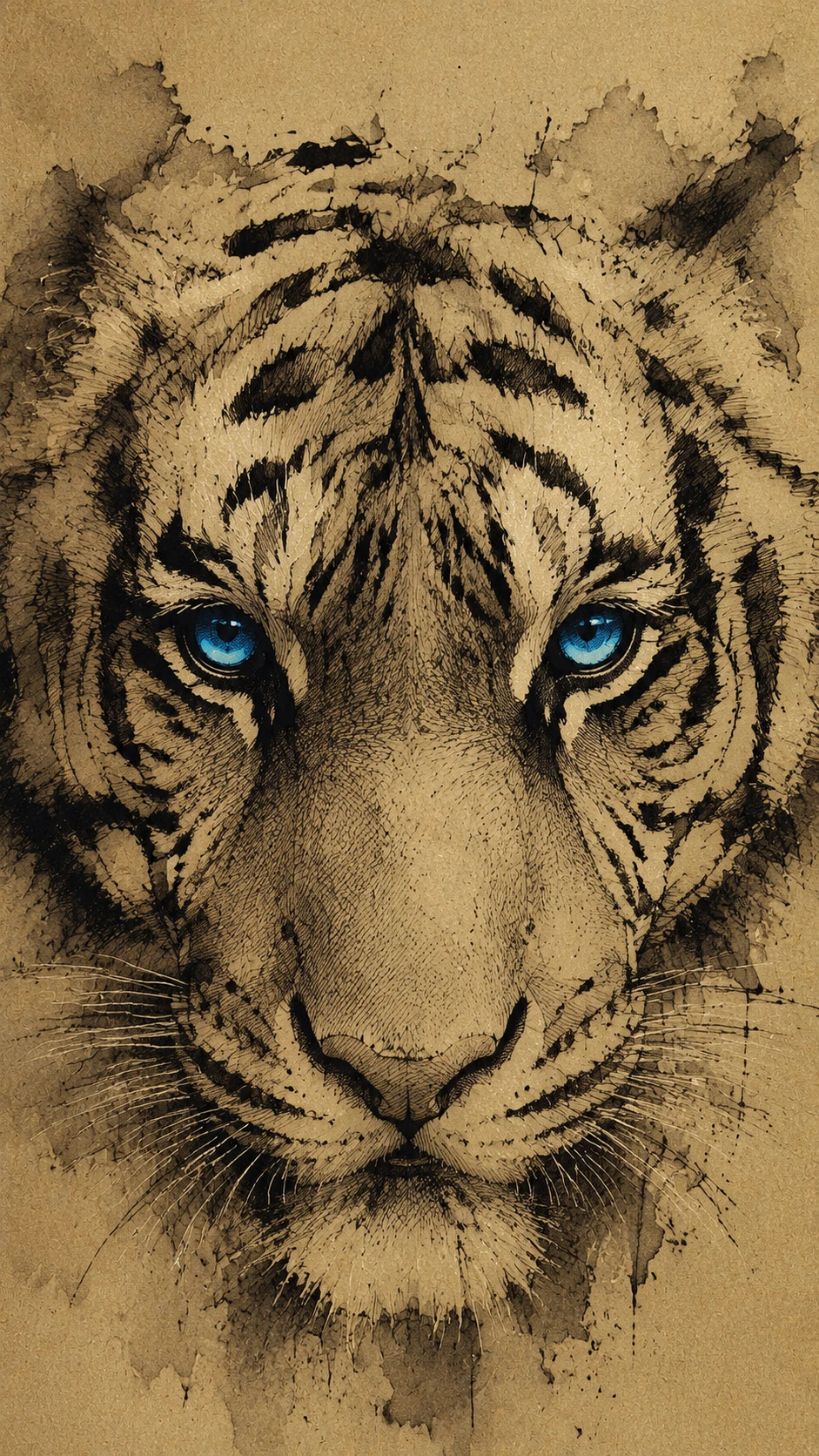 Close up blue eyed tiger head in vertical composition