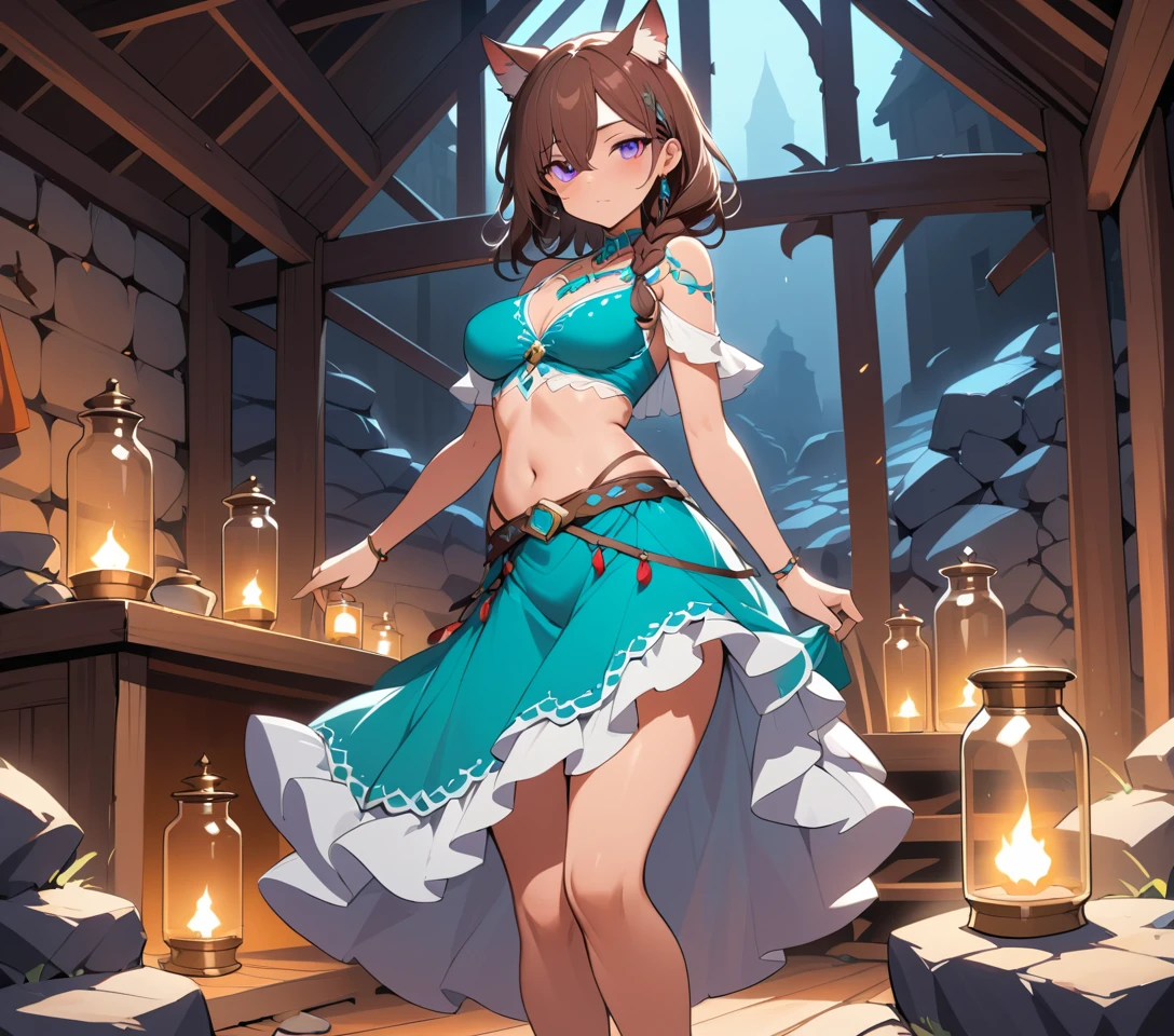 Seductive catlike woman posing in a candlelit rustic barn