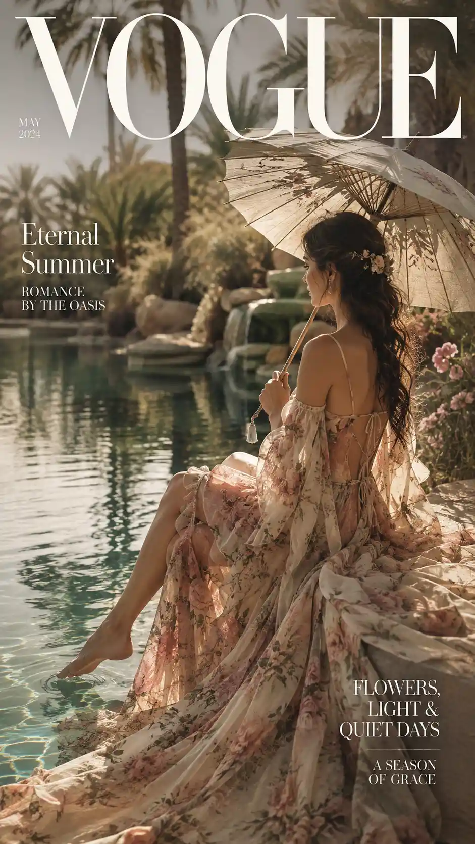 Woman in floral dress by a quiet oasis with parasol