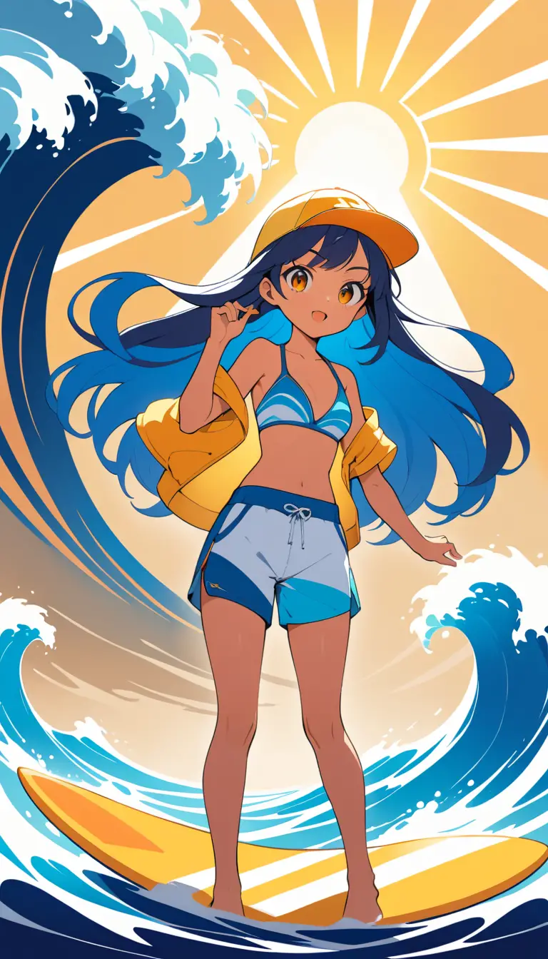 Anime surf girl poster with bold summer graphic design