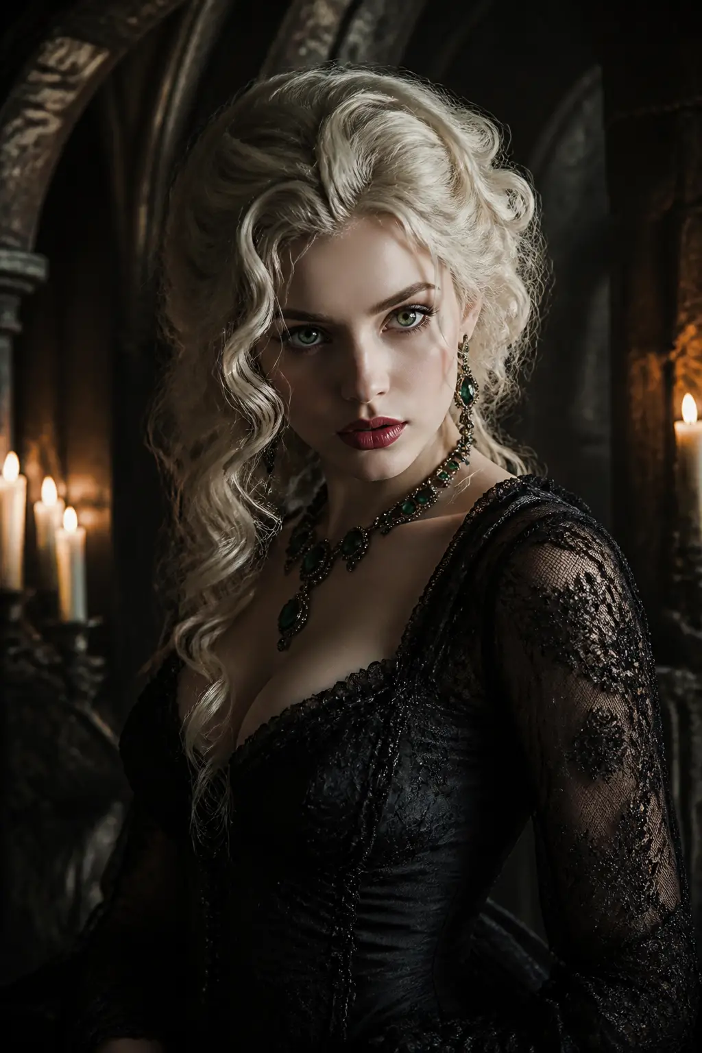 Gothic woman with emerald eyes in candlelit stone hall