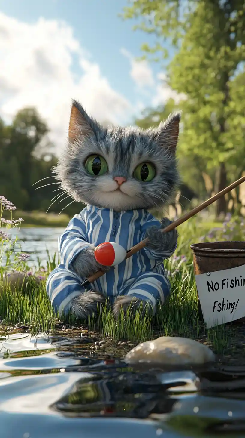 Cozy Fishing Cat In Pajamas By A Summer Riverbank