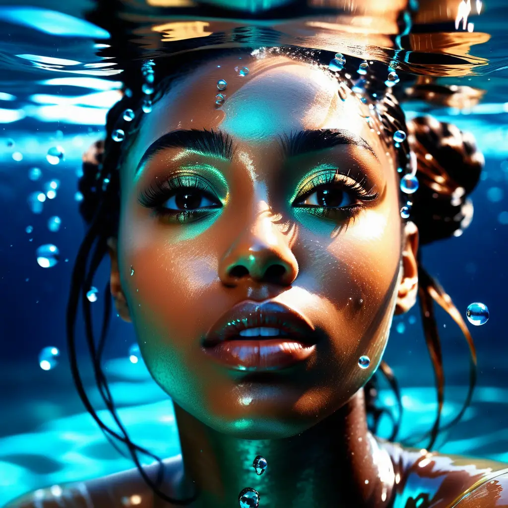 Serene black woman floating underwater in cinematic close up