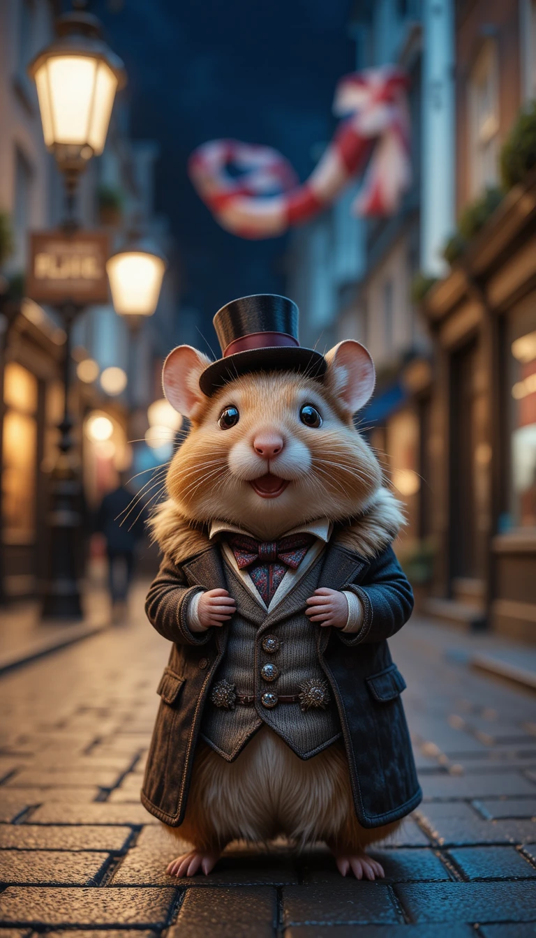 Happy hamster gentleman on Victorian London street at night