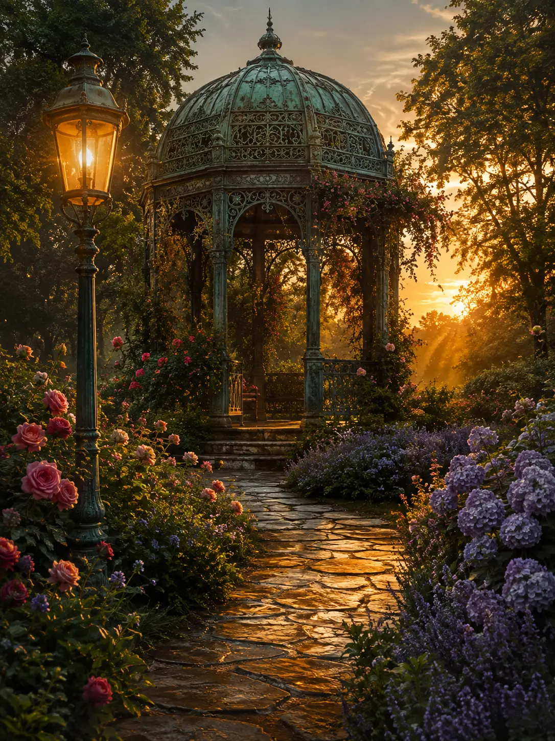 Copper garden gazebo at sunset with glowing lamp post