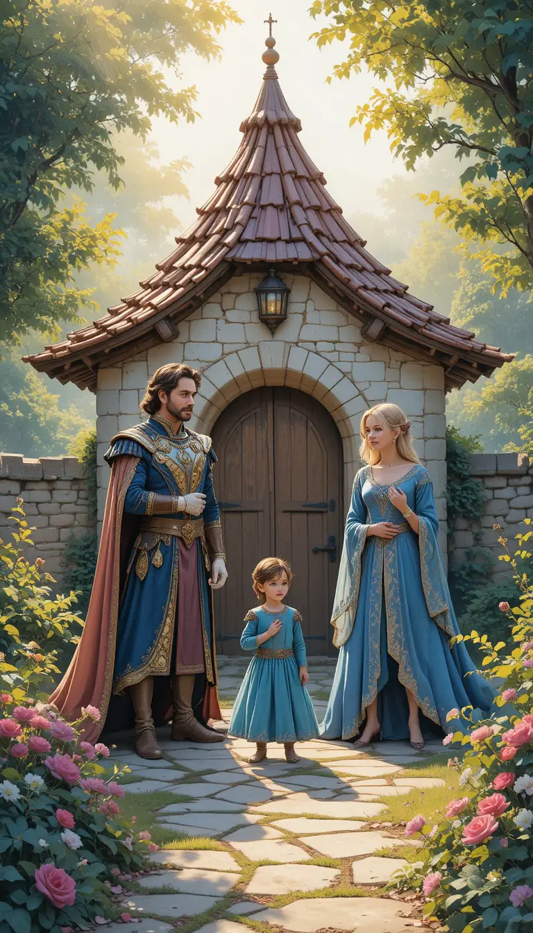 Royal family at sunrise before a rustic stone cottage