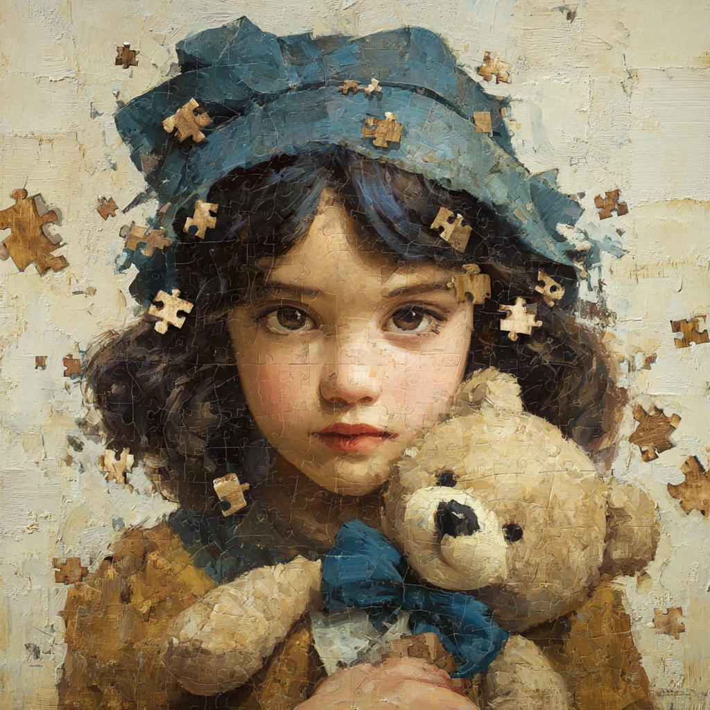 Young girl with teddy bear in dissolving puzzle piece hats