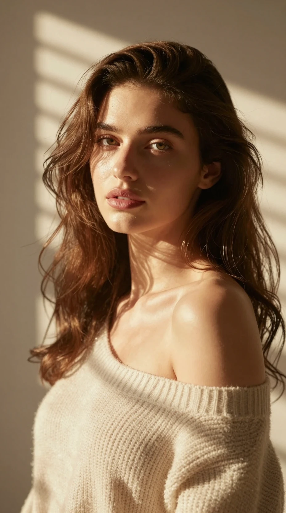 Sunlit cinematic portrait of a young woman indoors