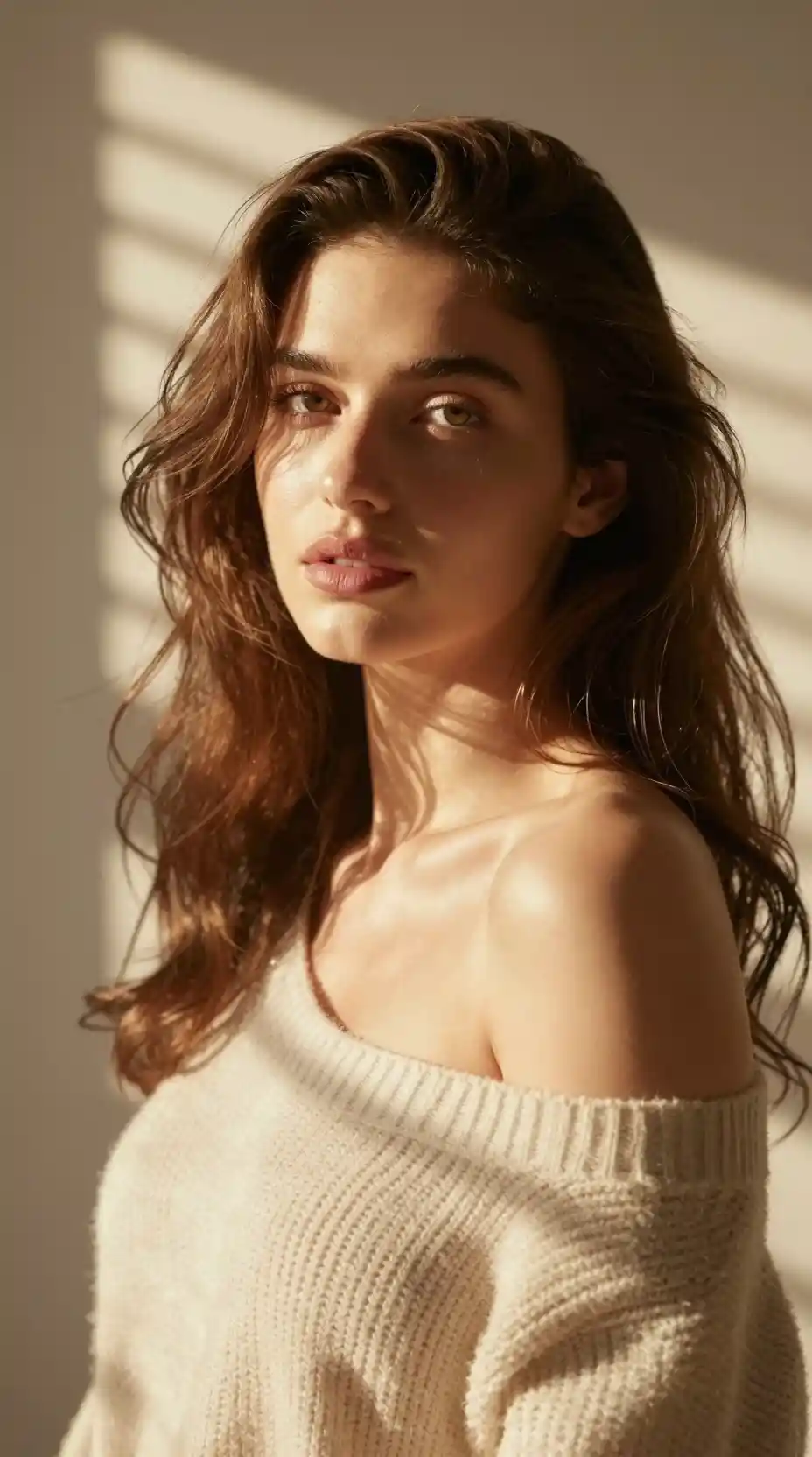 Sunlit cinematic portrait of a young woman indoors