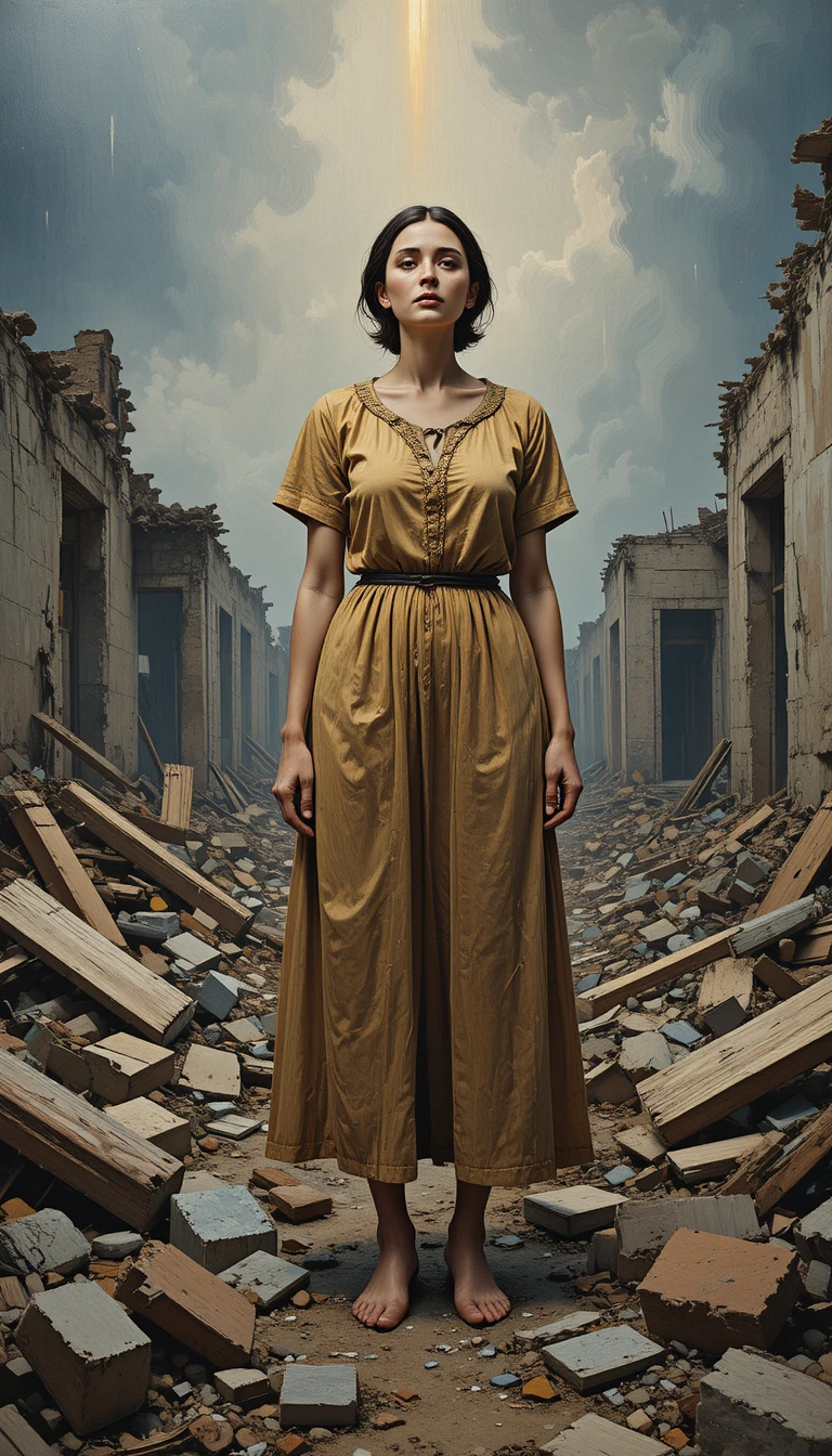 Mediterranean woman standing strong amid shattered house ruins