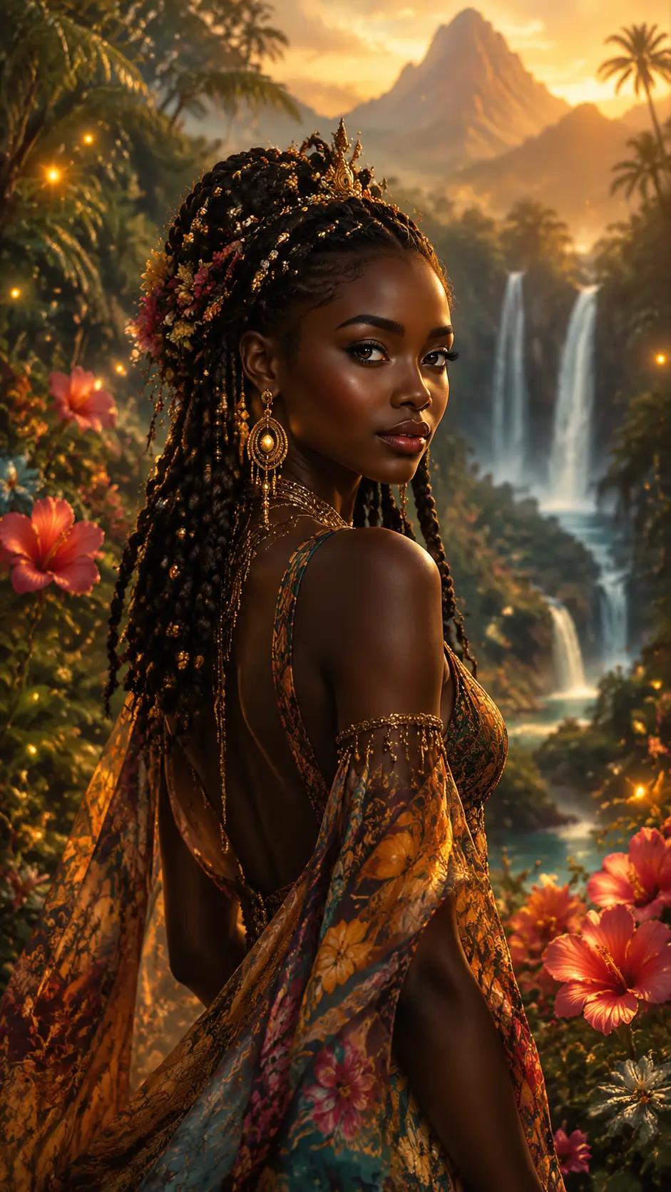 Ethereal African woman in a glowing tropical garden