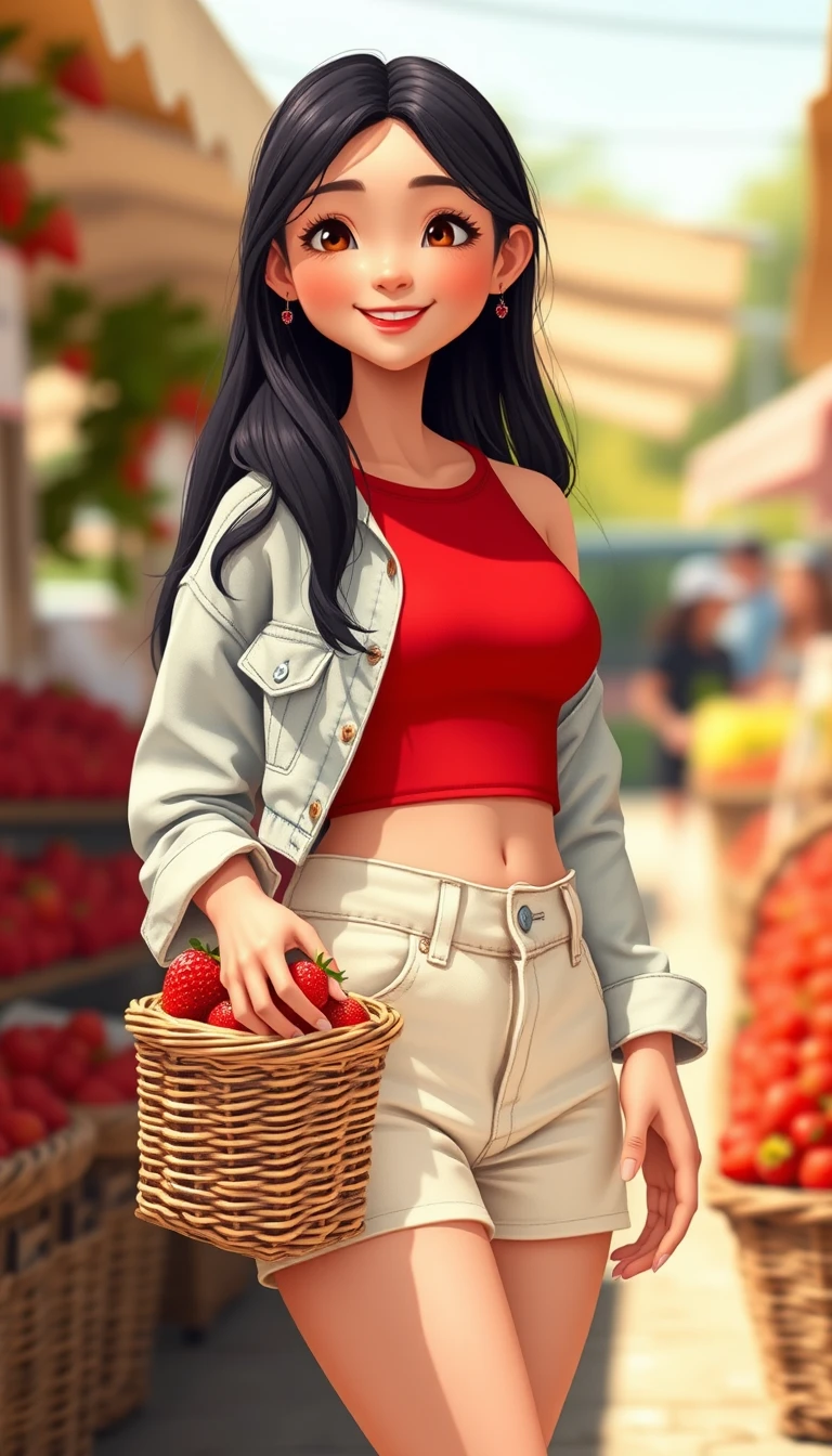 Smiling woman with strawberries at a sunny summer market