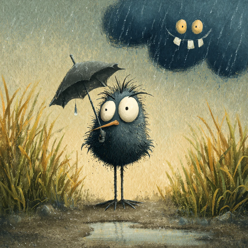 Wet cartoon bird under umbrella in stormy grass field