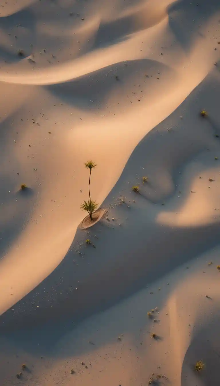Aerial view of desert sand dunes at golden hour