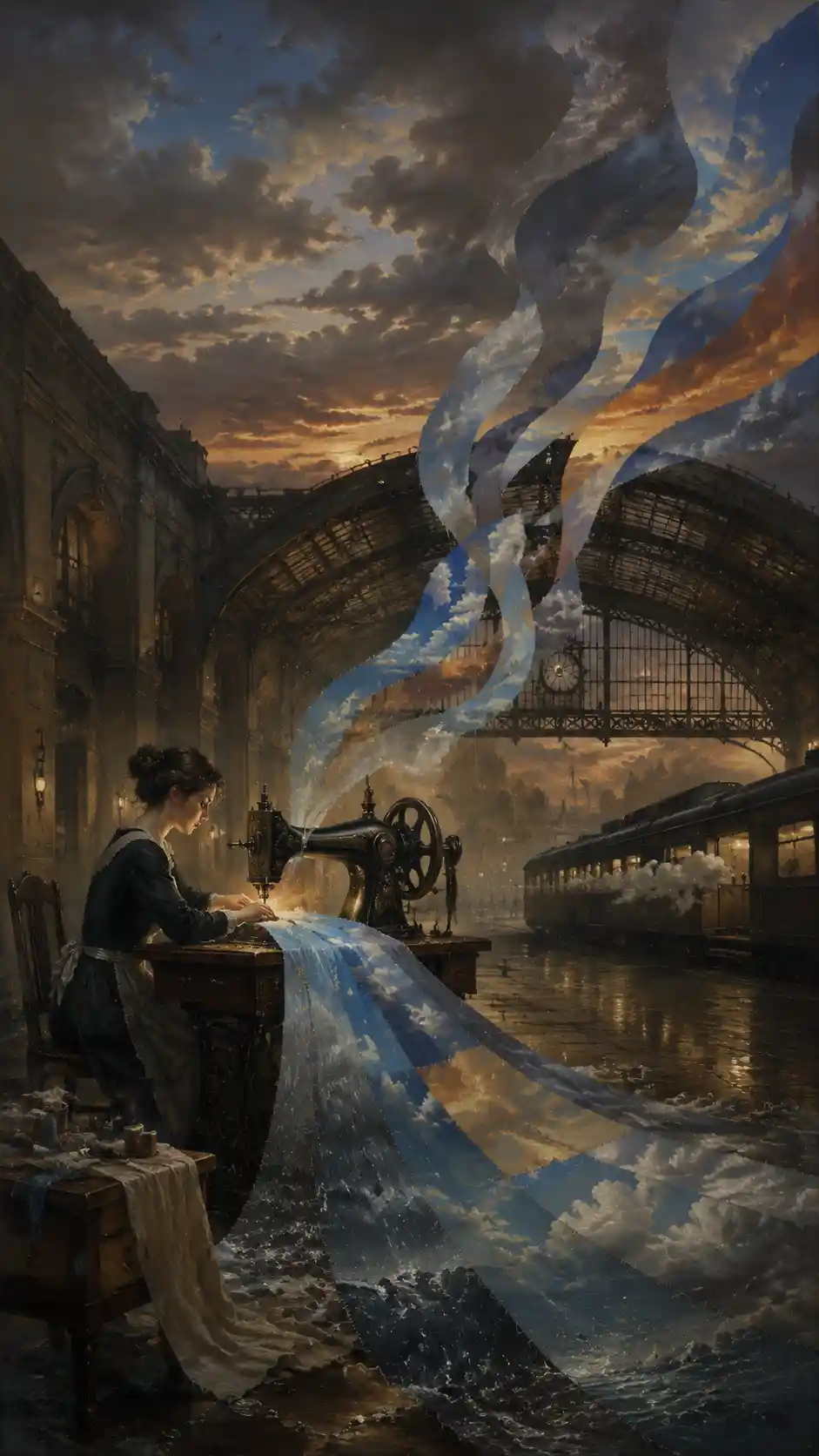 Woman sewing the changing sky in an empty station