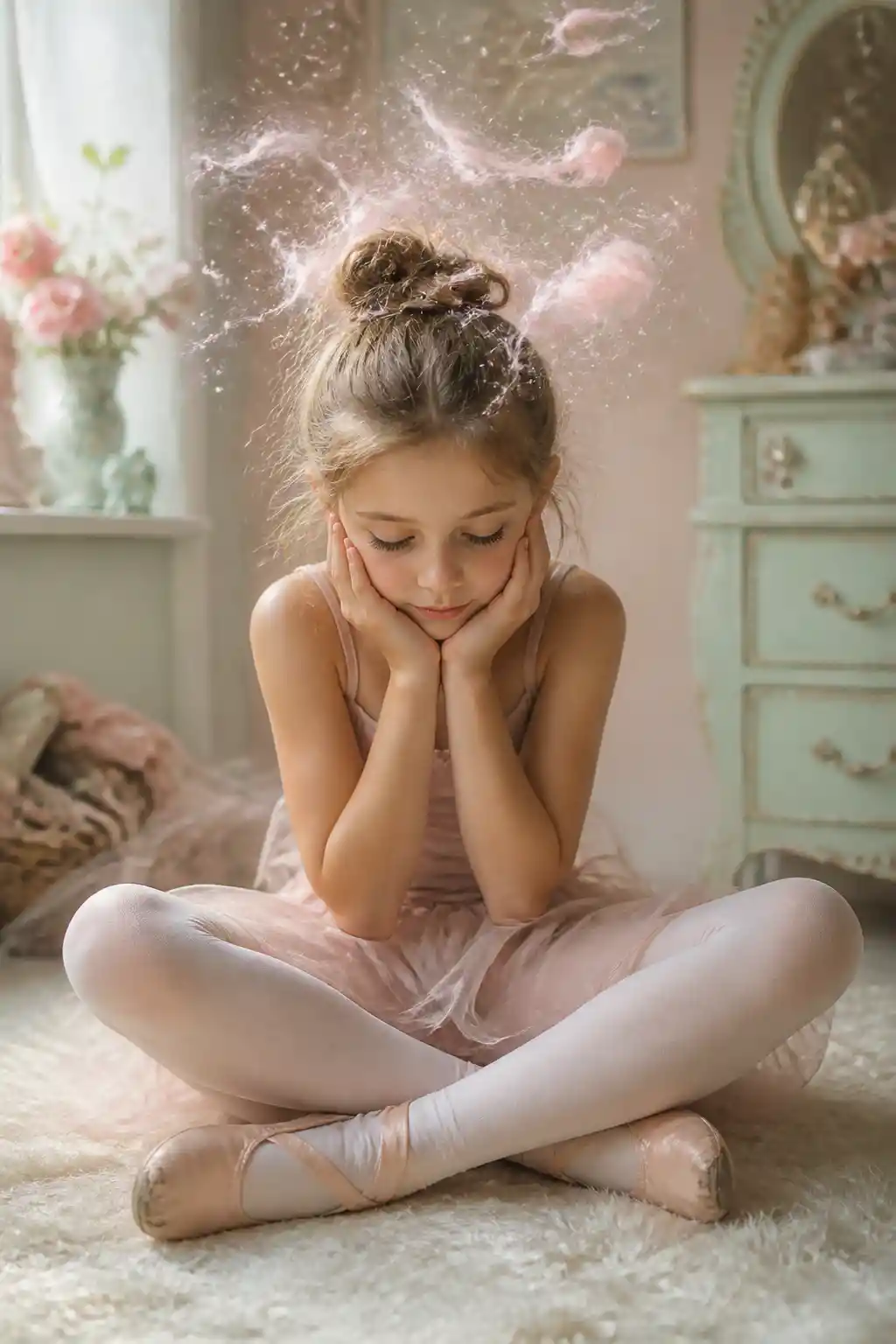 Young girl daydreaming in a soft pastel ballet room