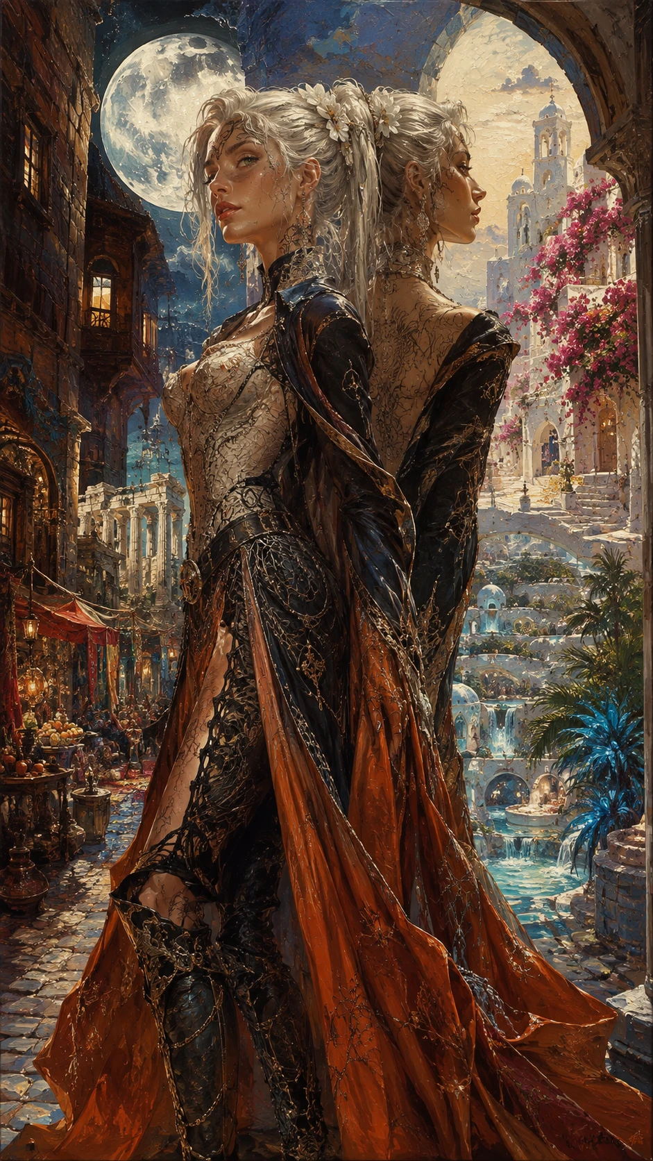 Surreal dual perspective portrait of a luminous royal goddess