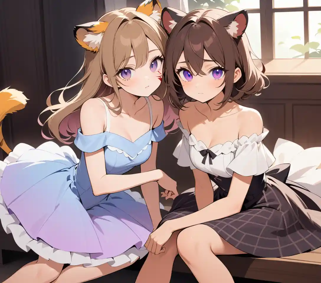 Elegant cat eared woman with violet eyes and scars
