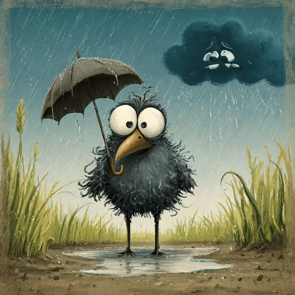 Scruffy Cartoon Bird Under Umbrella In Rainy Field