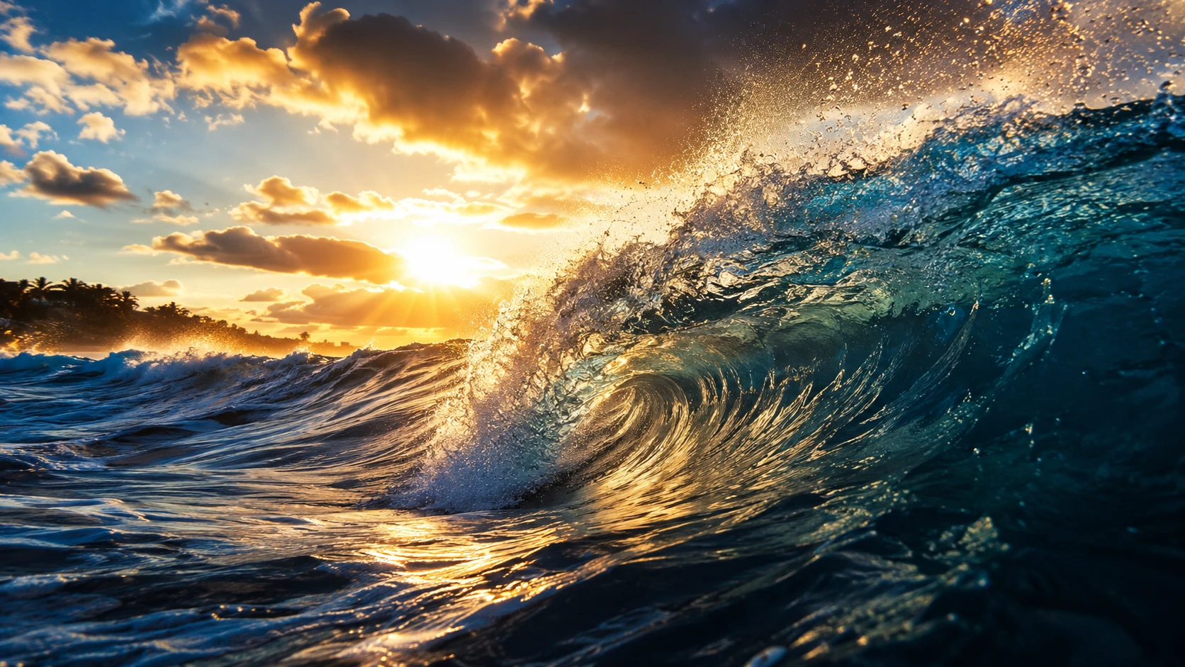 Epic crashing ocean waves under dramatic golden sunlight