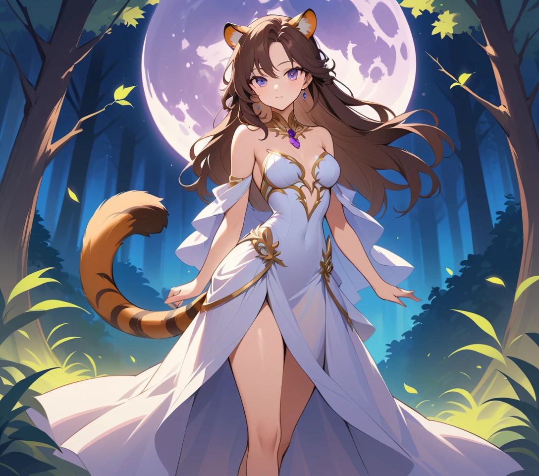 Elegant tiger eared woman in a mystical moonlit forest