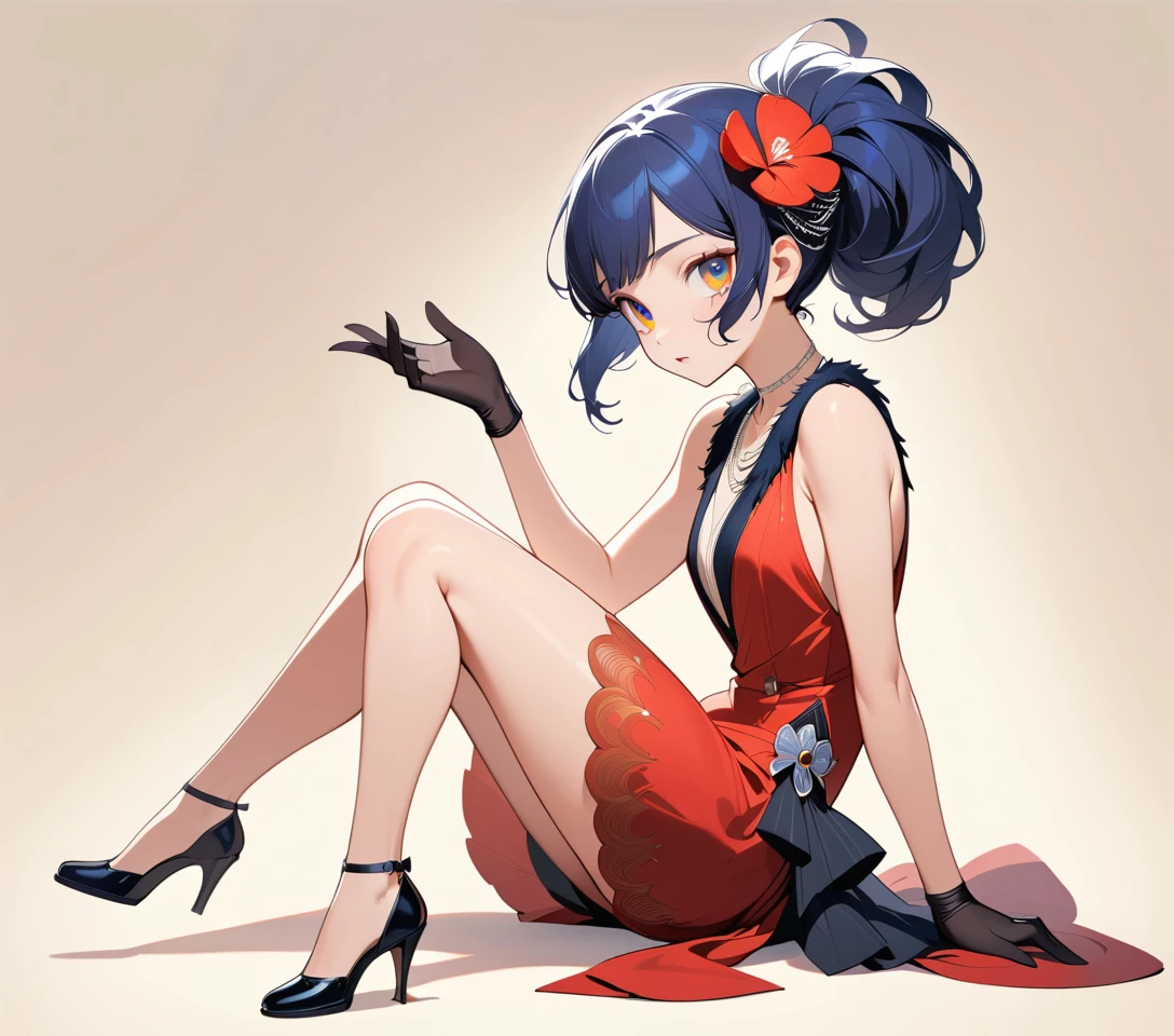 Elegant woman in red flapper dress sitting cross legged
