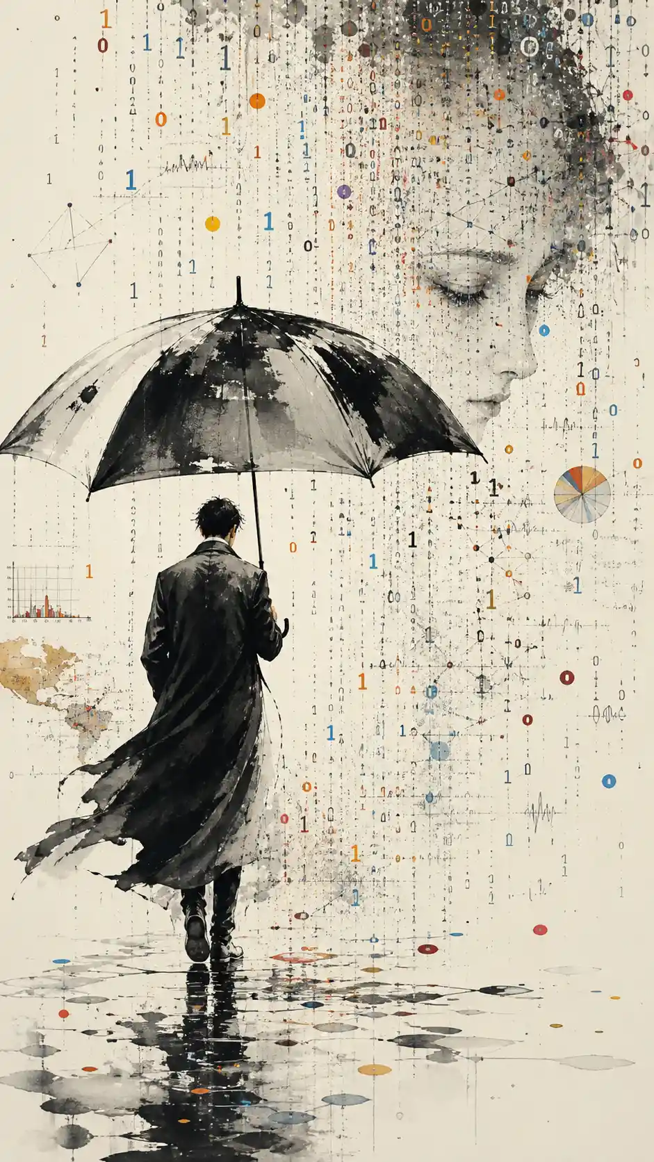 Figure With Oversized Umbrella In Abstract Ink Rain