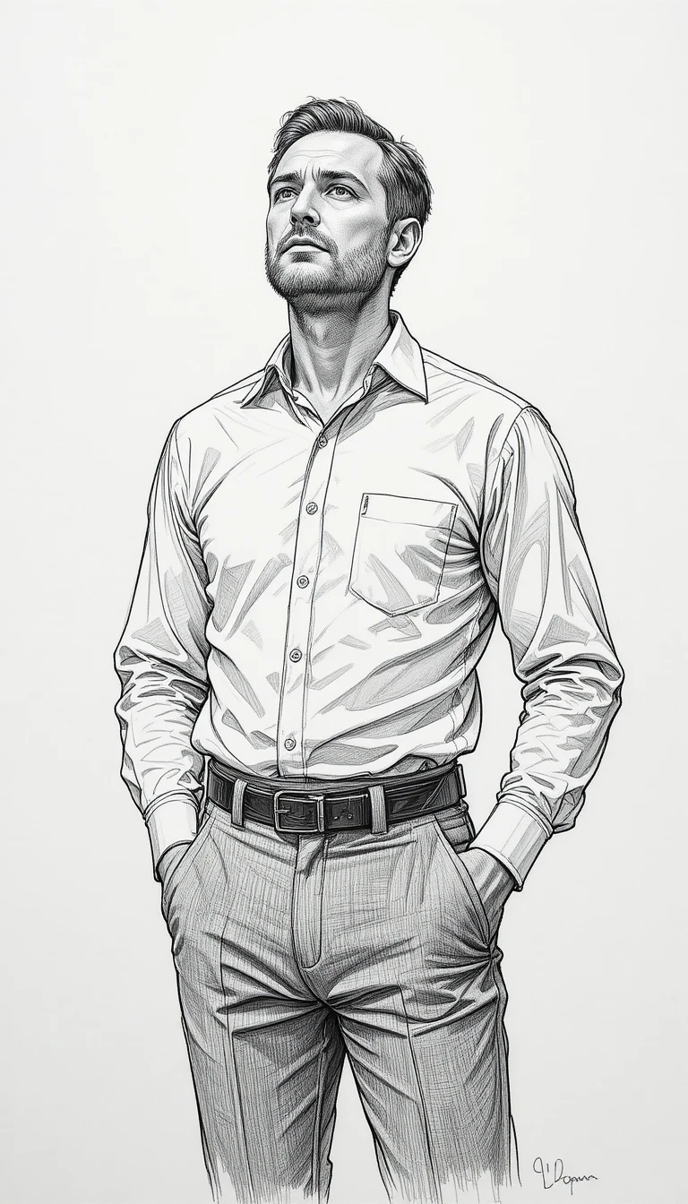 Middle aged man in white shirt with calm determined gaze