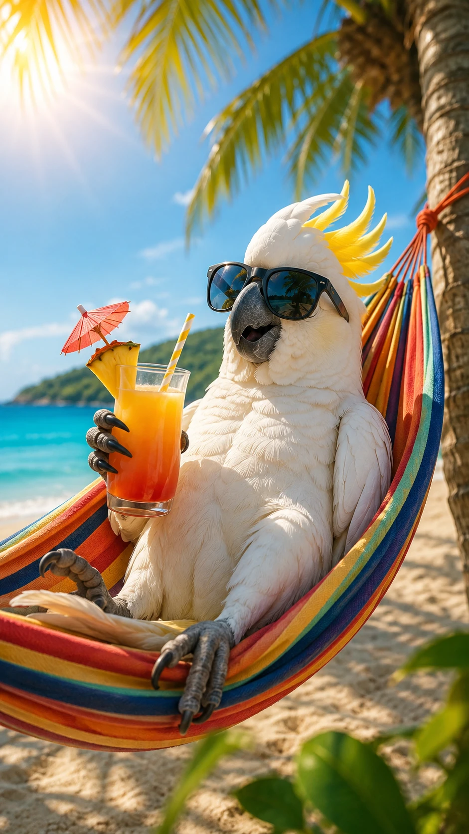 Relaxed cockatoo in a hammock enjoying a summer drink