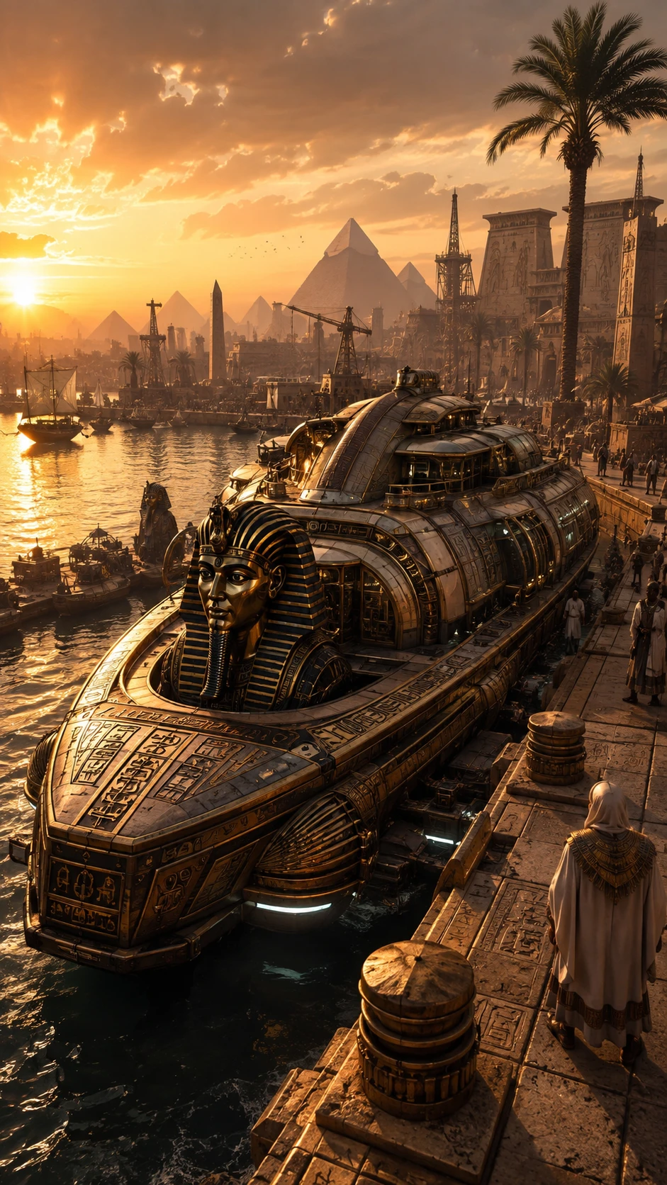 Futuristic Egyptian harbor with steampunk ship at sunset