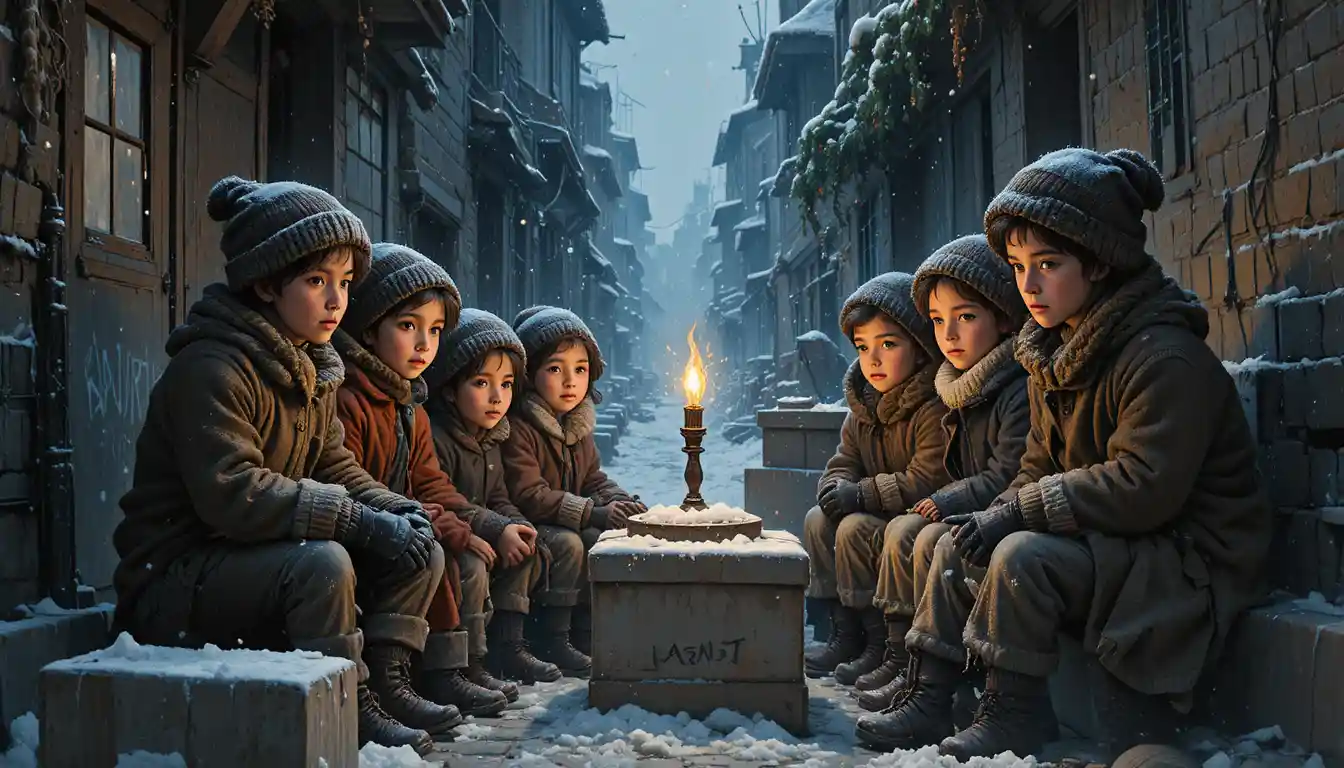 Bambini poveri che condividono la luce di una candela in un vicolo innevato della città