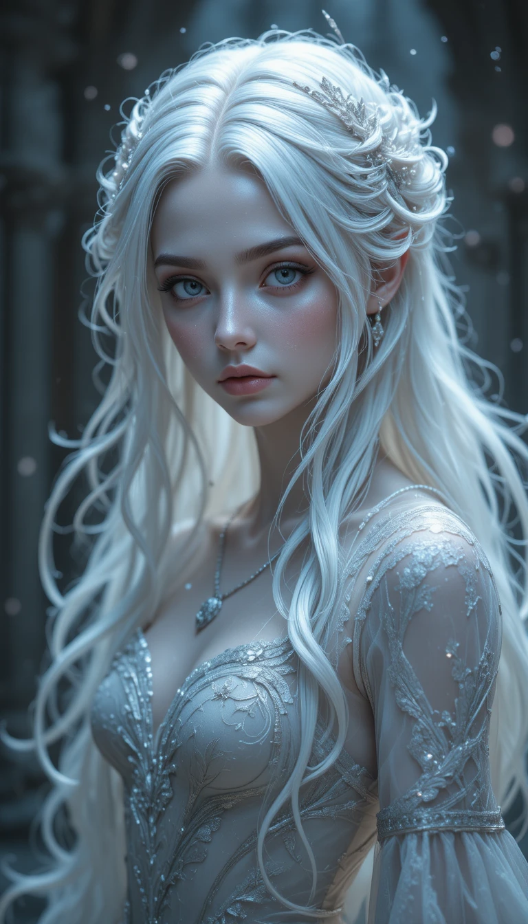 Ethereal anime ghost girl with flowing white hair