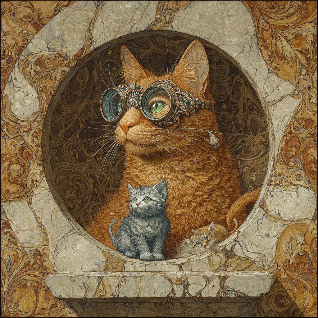 Ginger Cat Portrait In Ornate Circular Frame With Kitten
