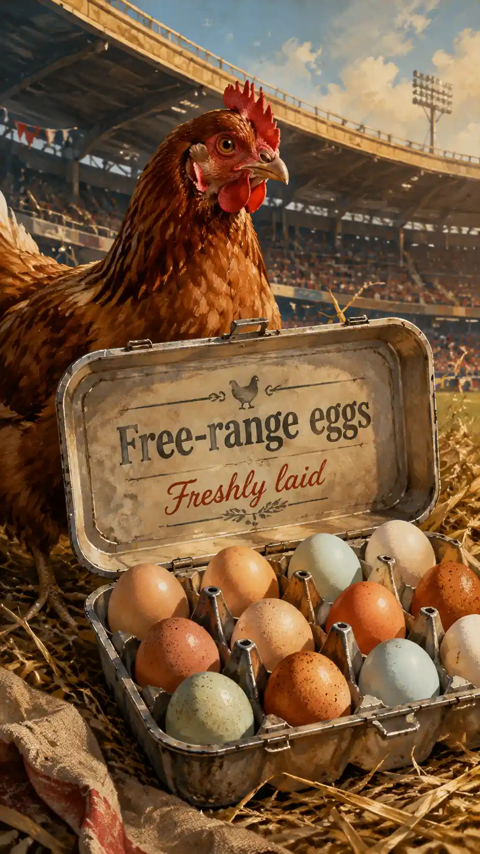 Metal egg carton filled with assorted eggs on straw