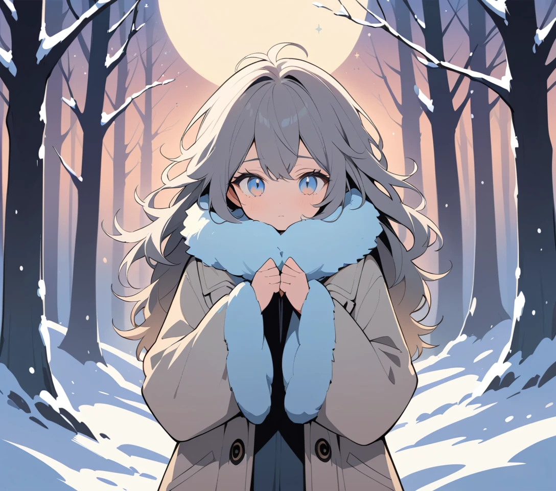 Girl in white winter coat in a snowy forest twilight
