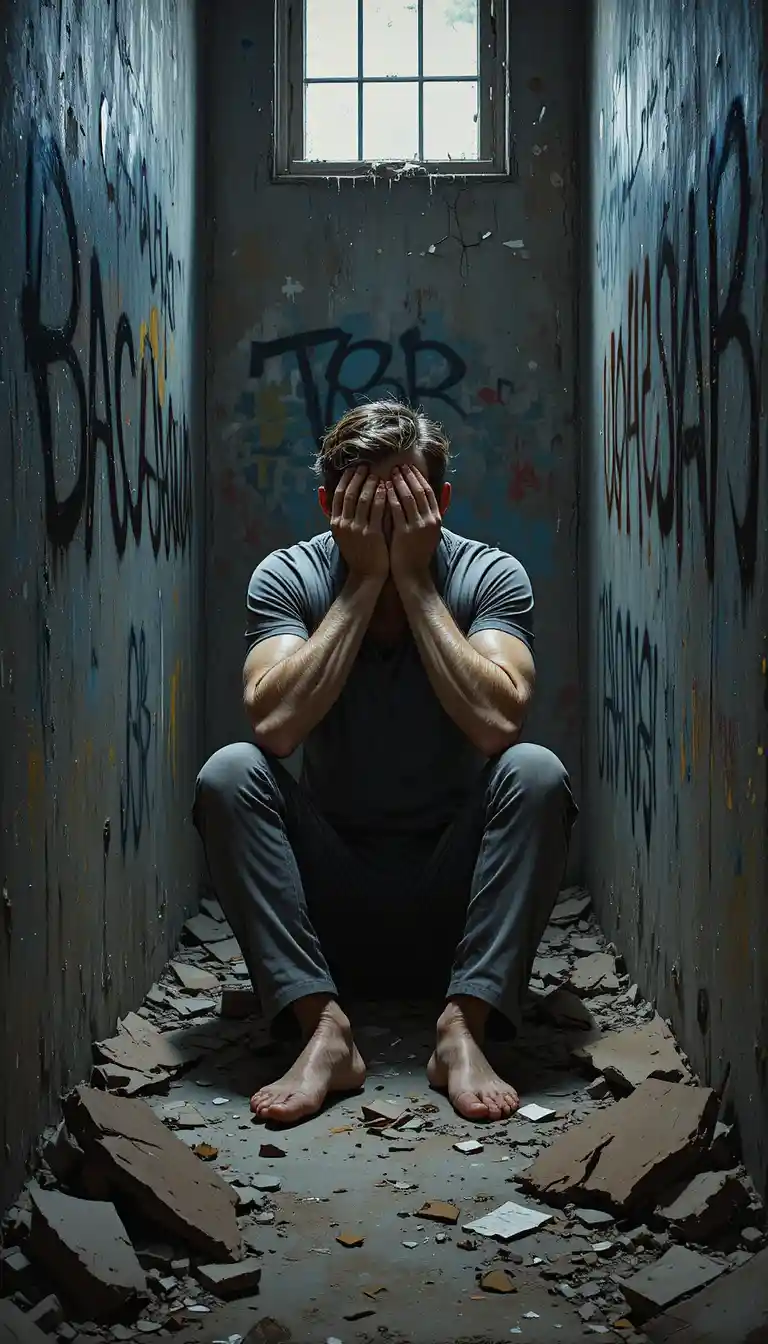 Distressed man crouching in a dark abandoned warehouse corner