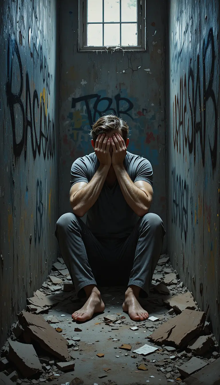 Distressed man crouching in a dark abandoned warehouse corner