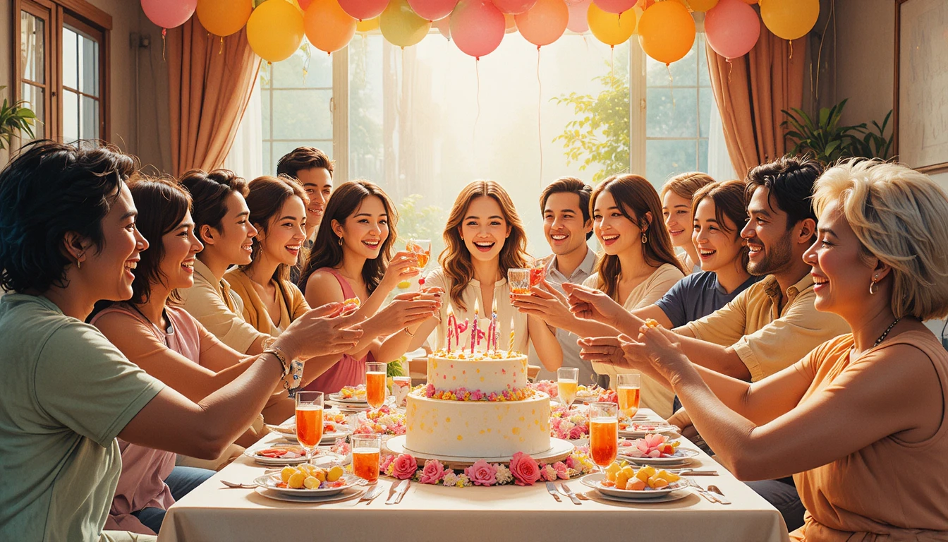 Diverse friends gathered around a warm birthday table