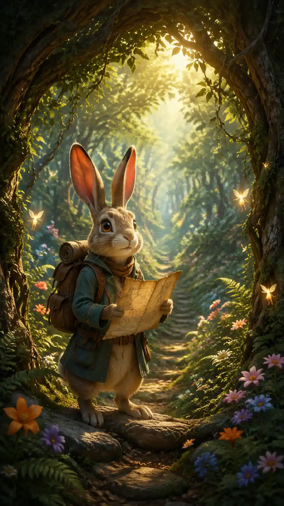Brave rabbit adventurer at the edge of a glowing forest