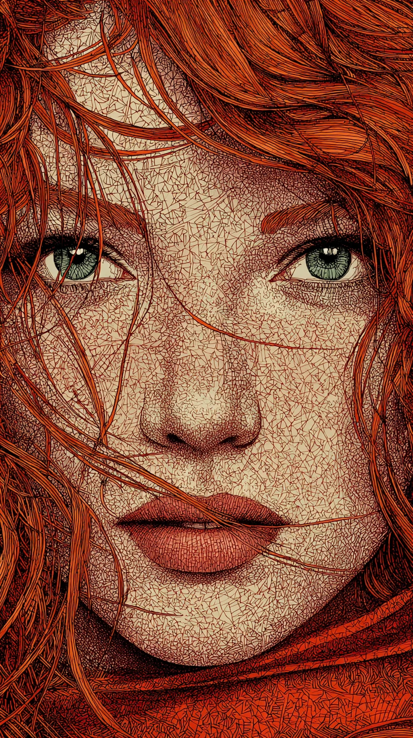 Ink portrait of freckled woman with windswept red hair