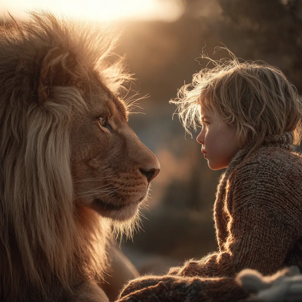 Child and lion sharing a quiet gaze at sunset
