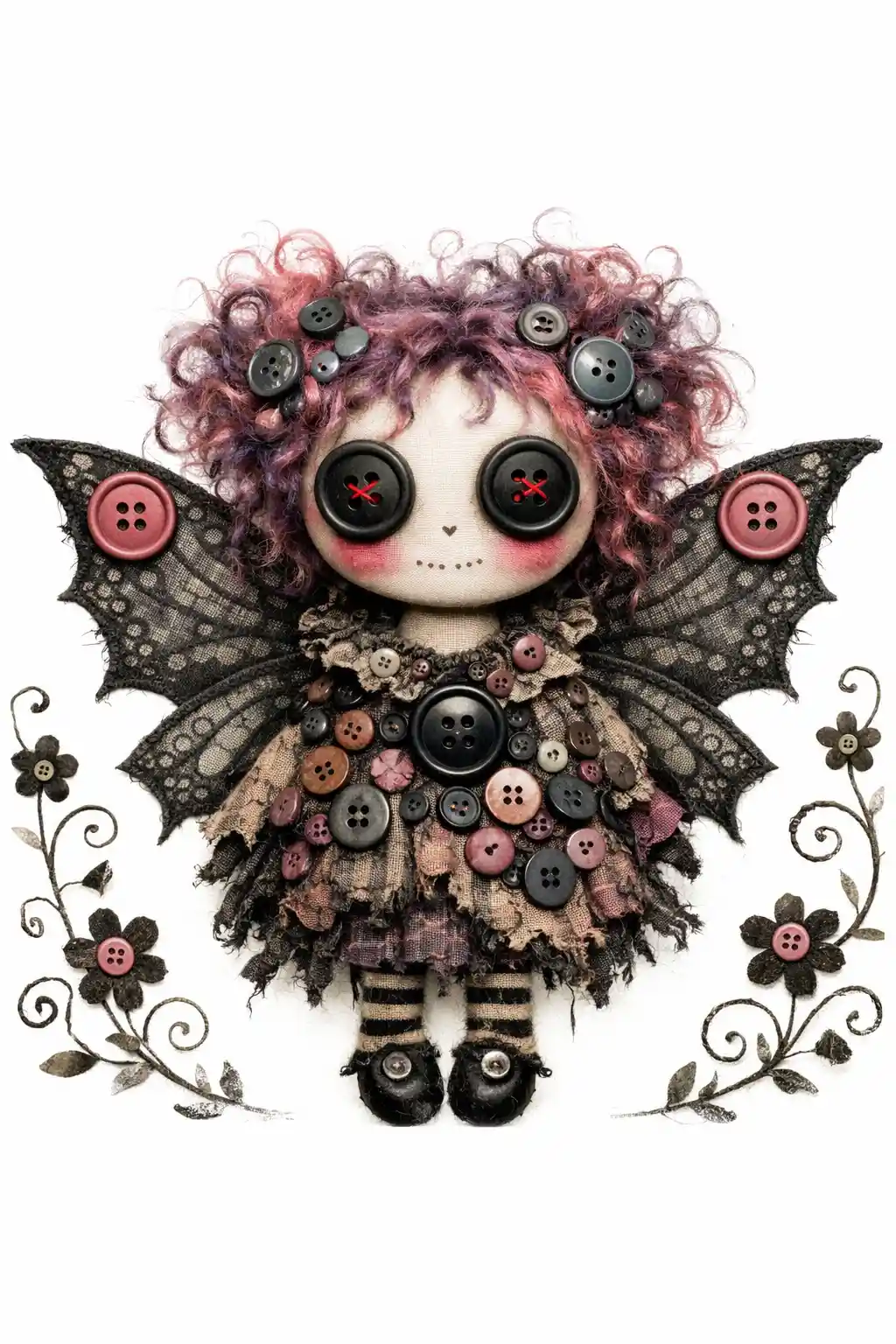 Whimsical gothic fairy doll with ornate button covered dress