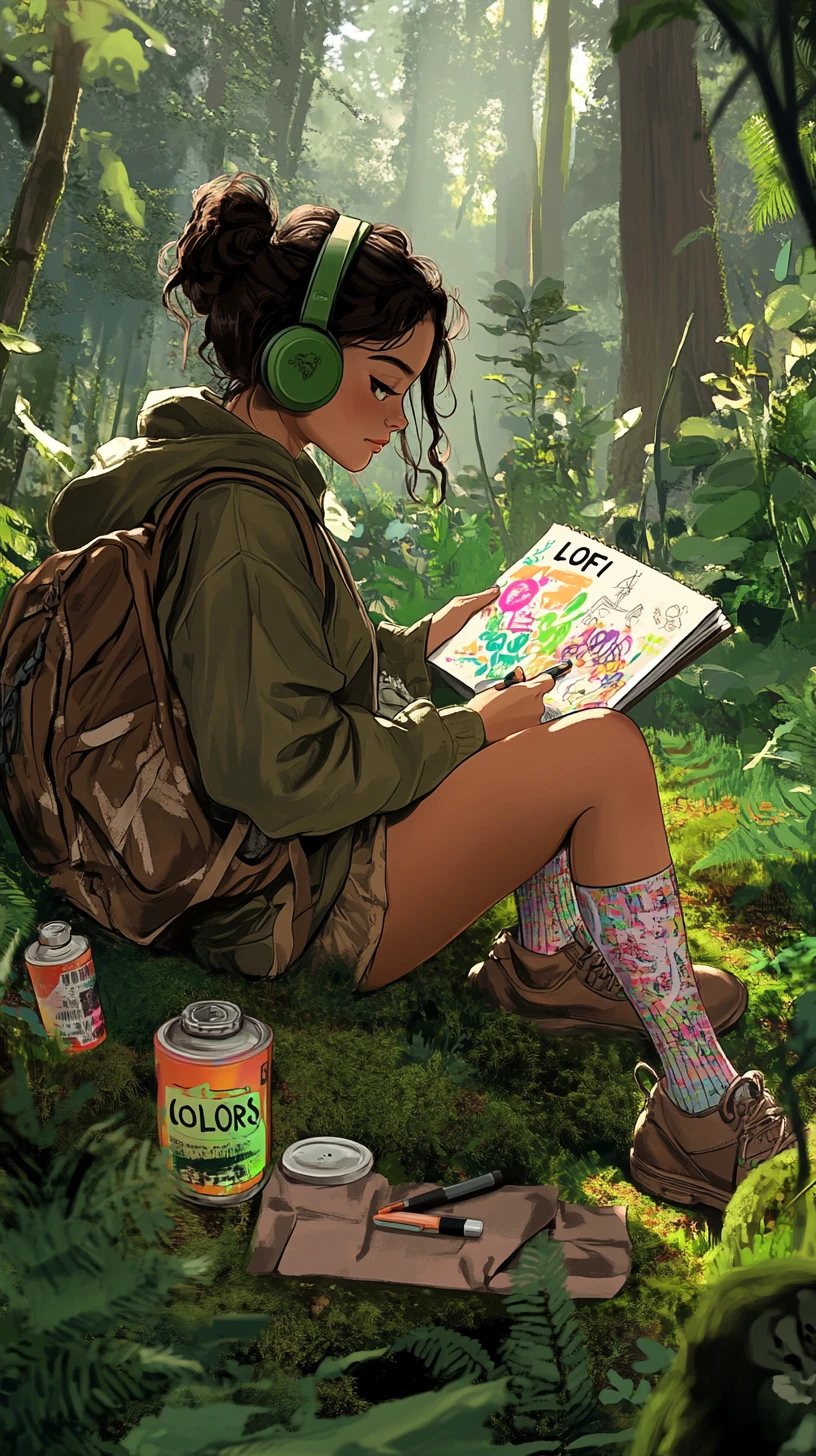 Girl sketching graffiti in a sunlit mossy forest clearing