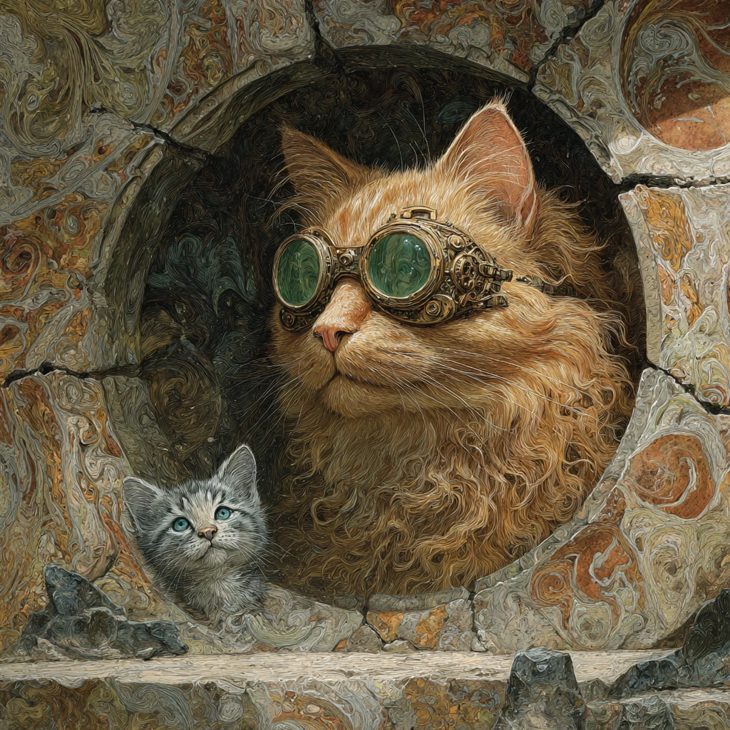 Ginger cat portrait in ornate circular frame with kitten