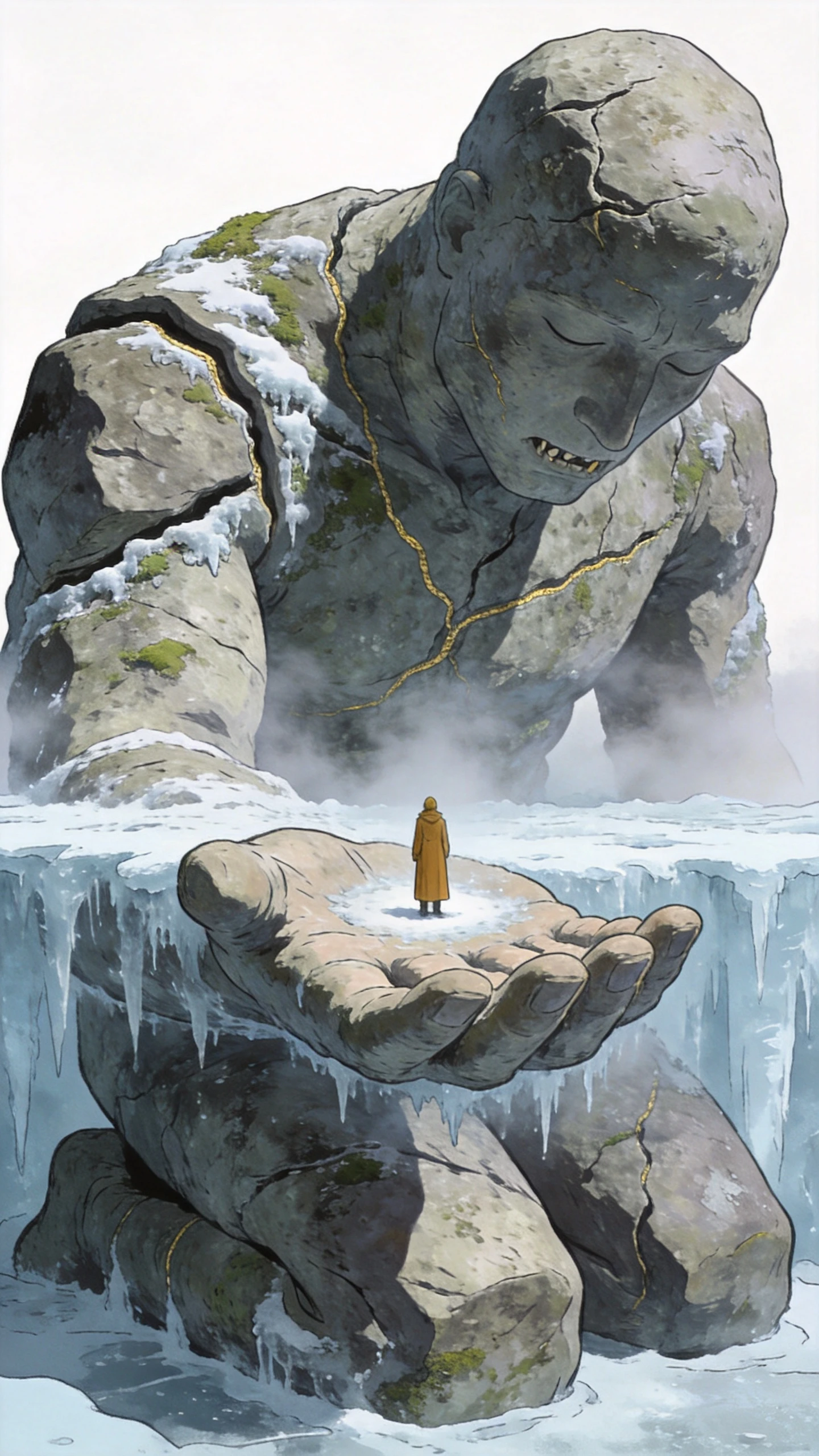 Colossal kneeling stone figure cradling a tiny lone traveler